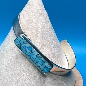 Sleeping Beauty Turquoise Mosaic Rectangular Setting Sterling Silver Cuff